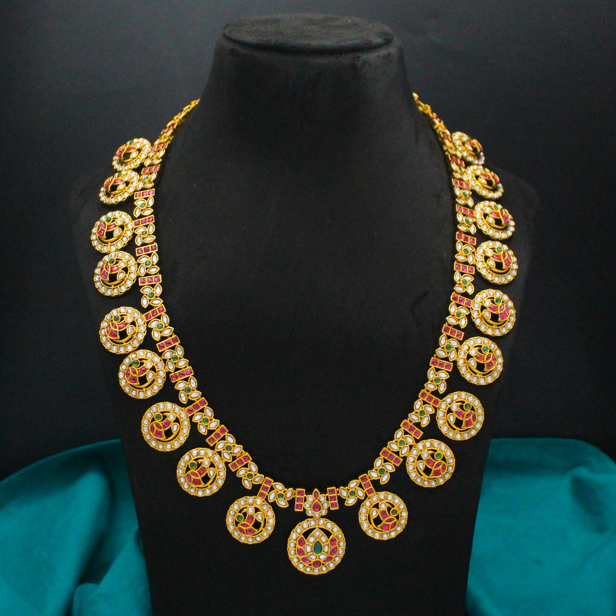 Premium Nakshi Multi Peacock Bottumala Long Necklace Set With Screw Back Earrings 42956