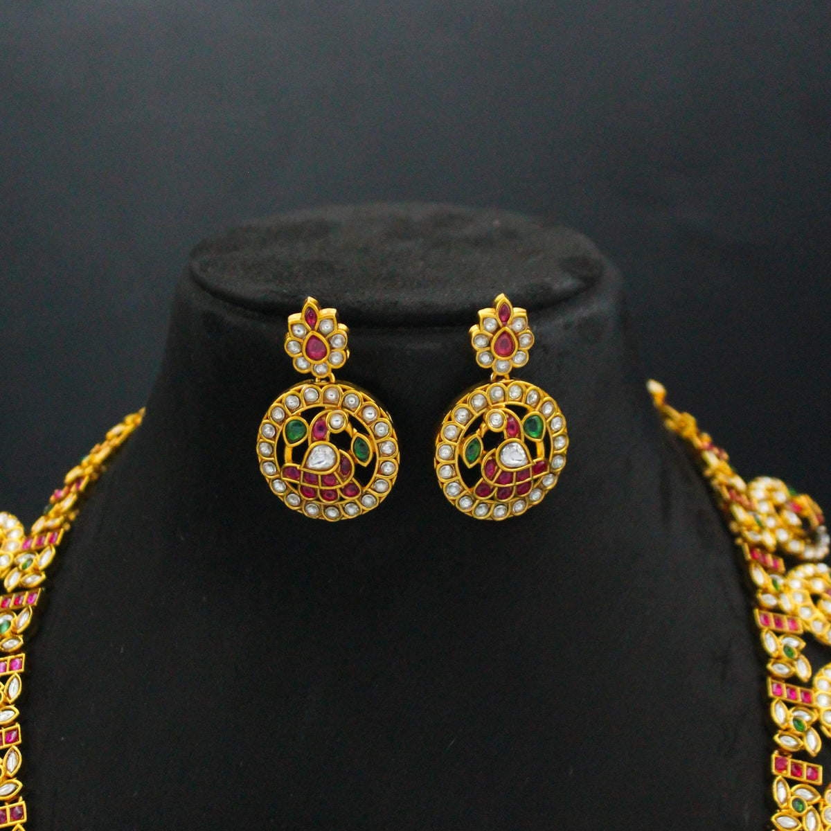 Premium Nakshi Multi Peacock Bottumala Long Necklace Set With Screw Back Earrings 42956
