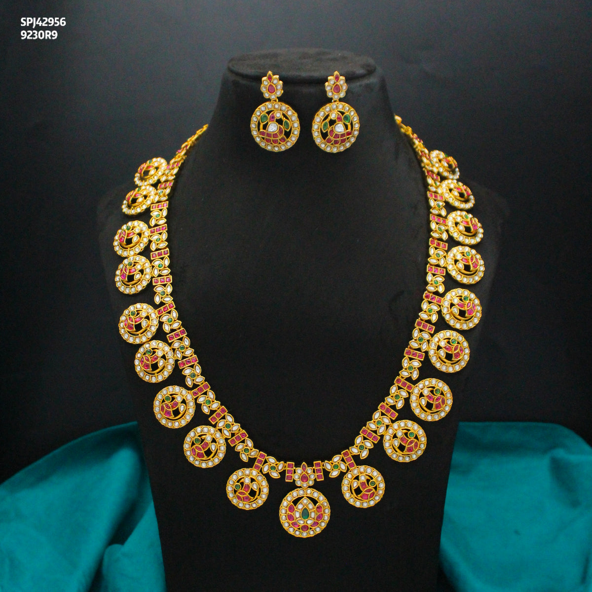 Premium Nakshi Multi Peacock Bottumala Long Necklace Set With Screw Back Earrings 42956