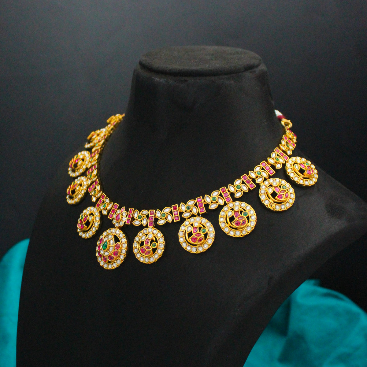 Premium Nakshi Multi Peacock Bottumala Short Necklace Set With Screw Back Earrings 42957