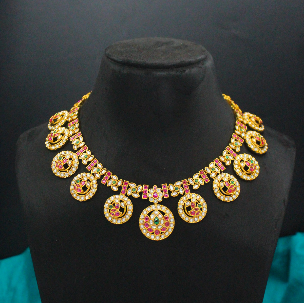 Premium Nakshi Multi Peacock Bottumala Short Necklace Set With Screw Back Earrings 42957