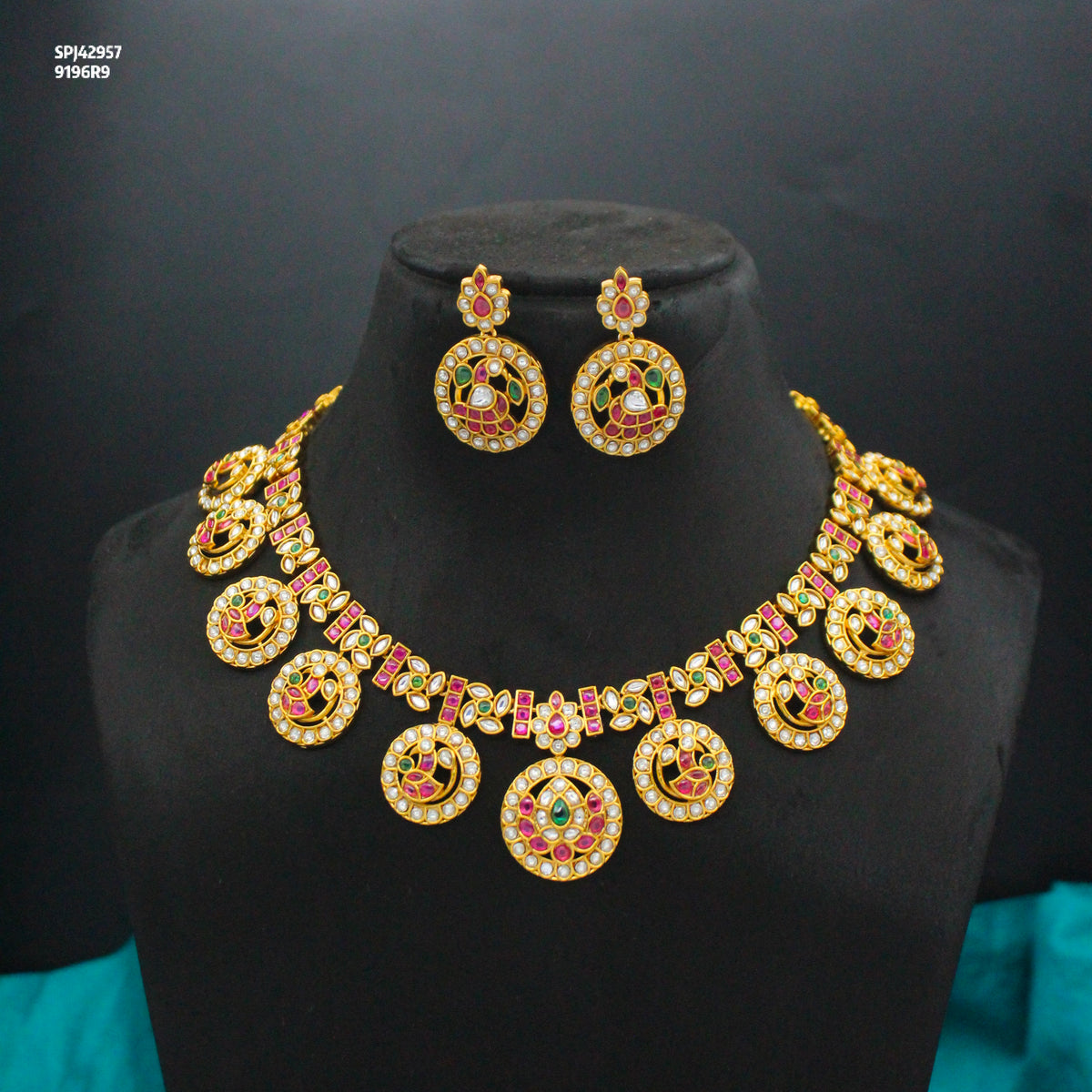 Premium Nakshi Multi Peacock Bottumala Short Necklace Set With Screw Back Earrings 42957