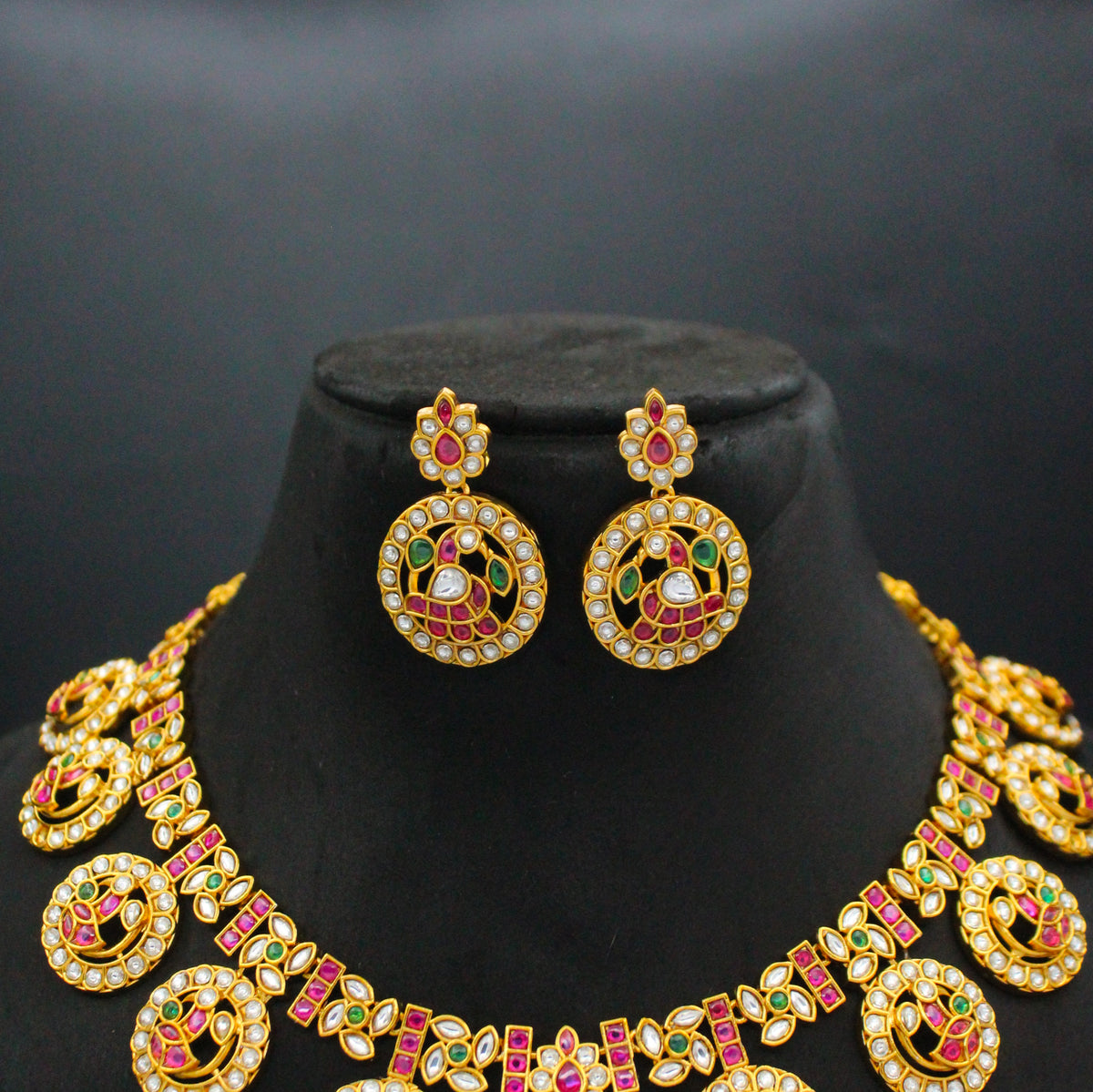 Premium Nakshi Multi Peacock Bottumala Short Necklace Set With Screw Back Earrings 42957