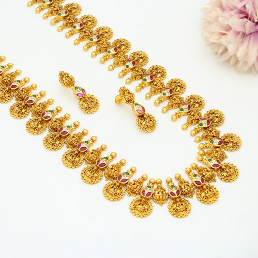 Traditional Nakshi Laxmi Bottumala/kasulu Long Multi Stone Necklace Set With Screw Back Earrings 42926