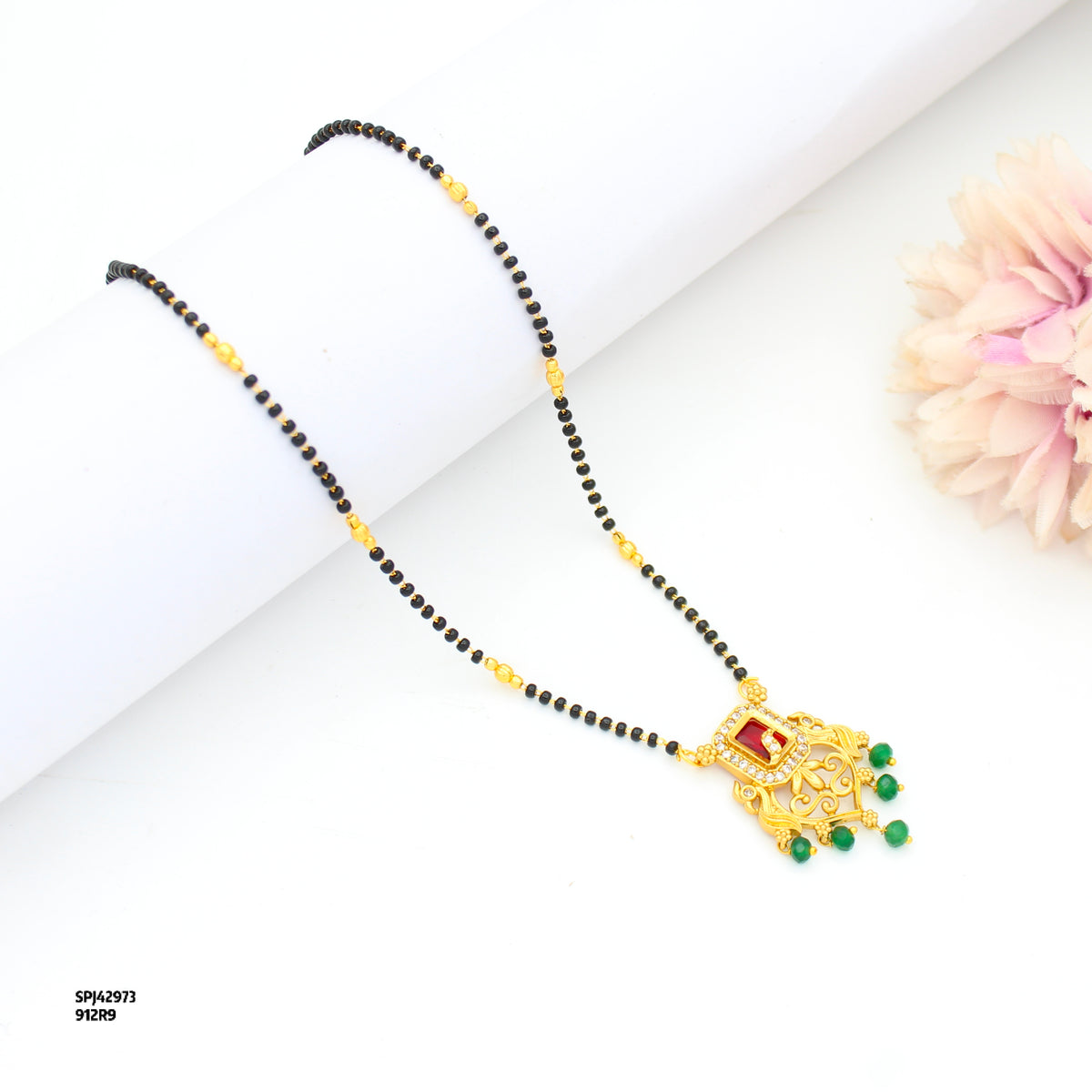 Fancy Red Square Stone Peacock Black Beads 42973