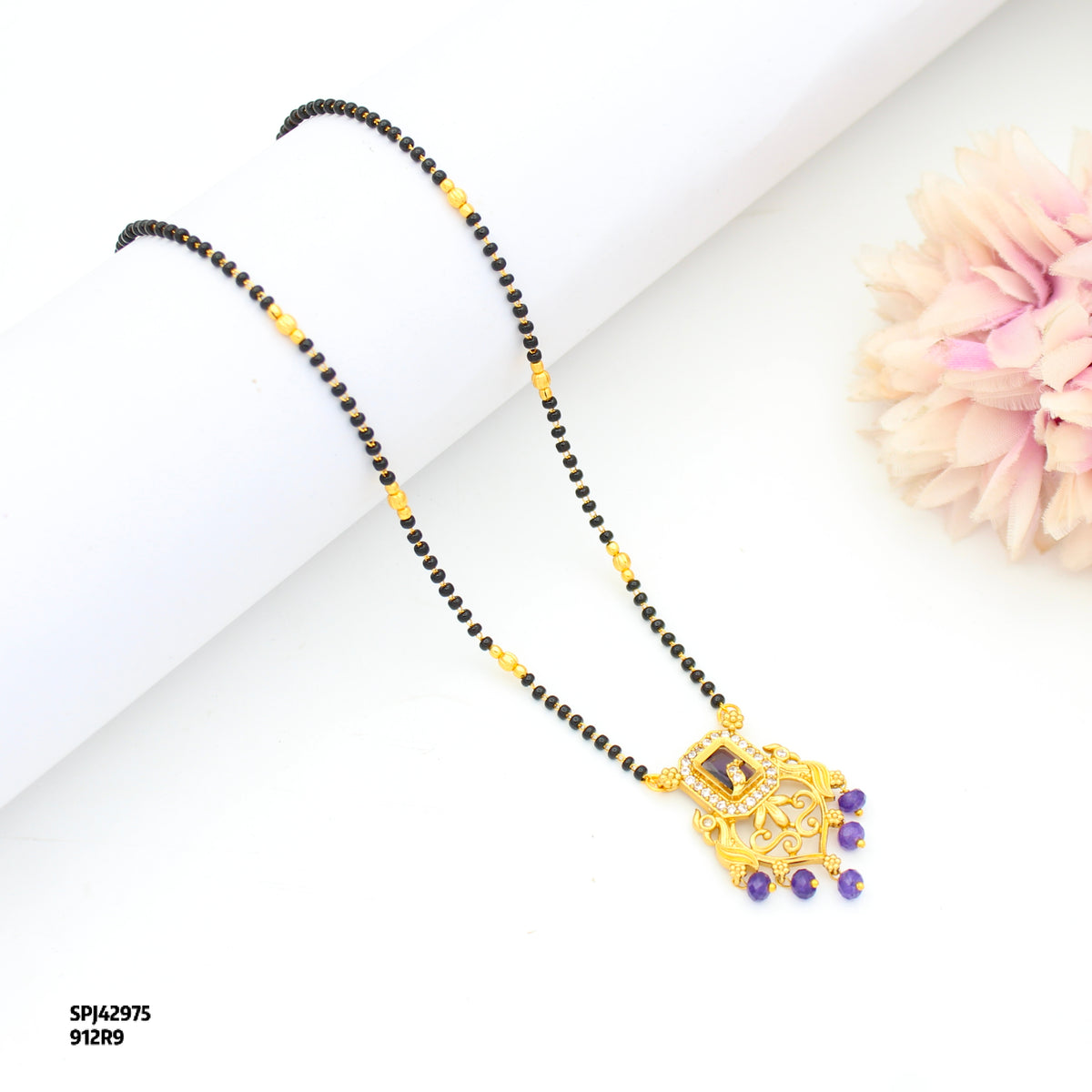 Fancy Purple Square Stone Peacock Black Beads 42975