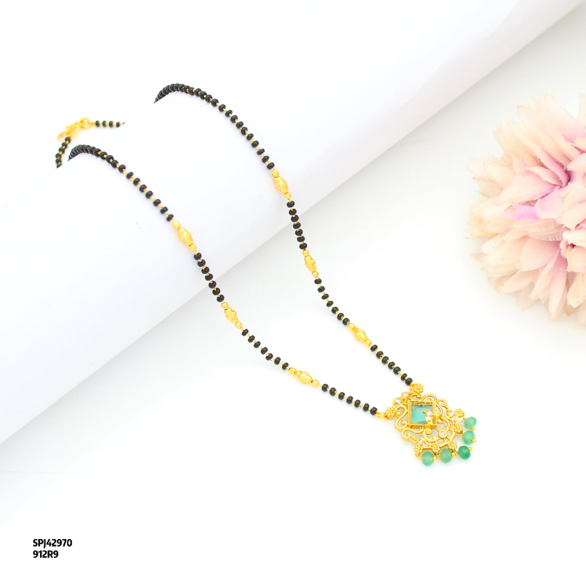 Elegant Mint Green Stone Fancy Black Beads 42970