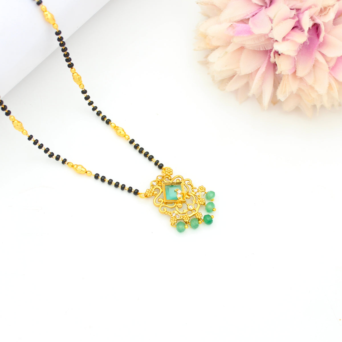 Elegant Mint Green Stone Fancy Black Beads 42970