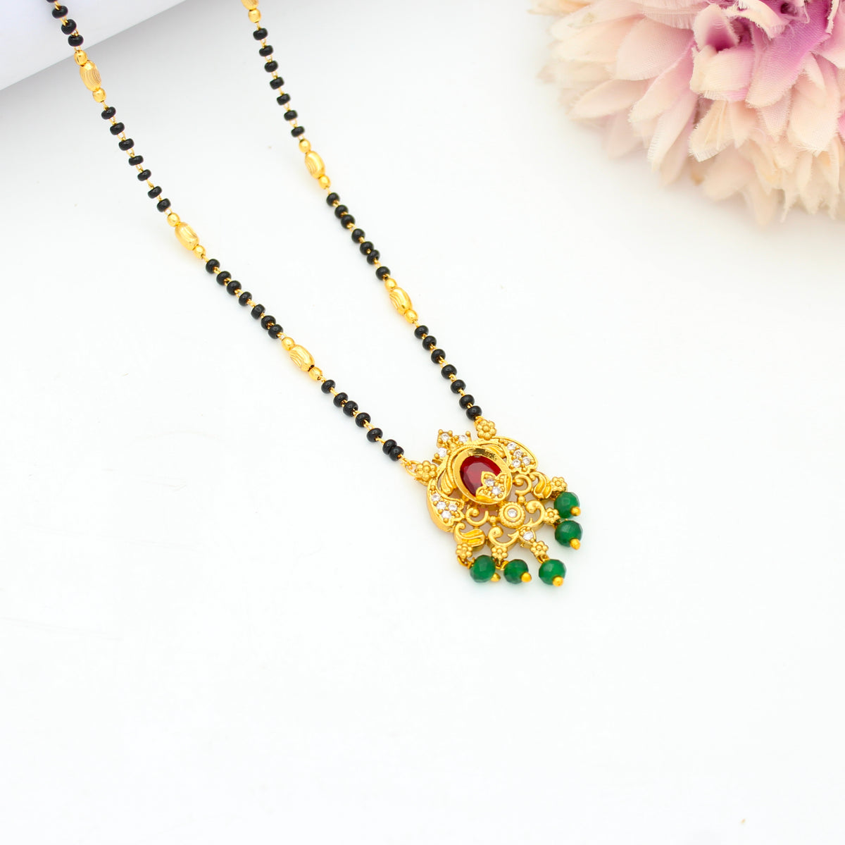 Elegant Red Oval Stone Fancy Black Beads with Green Onex Beads 42959