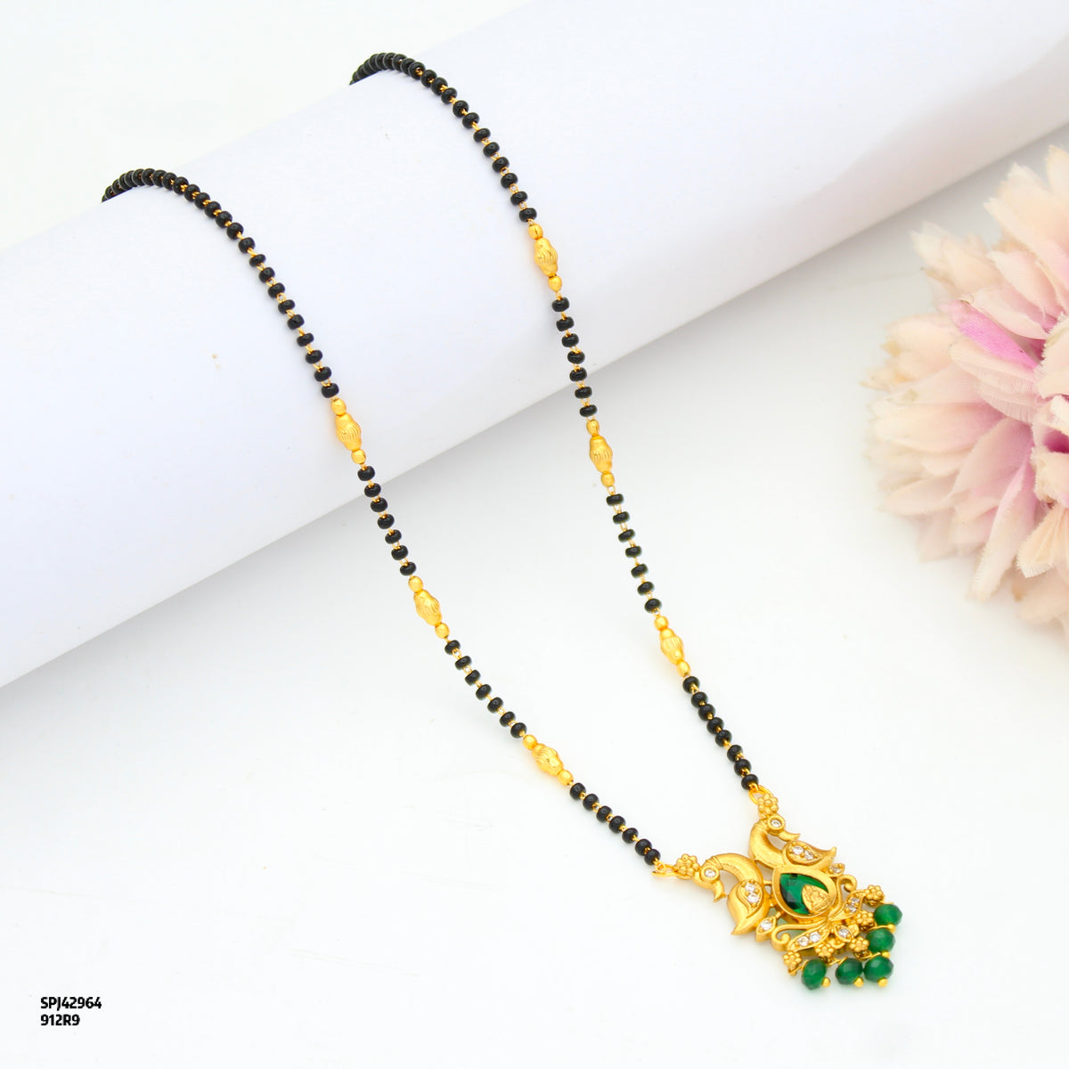 Elegant Double Peacock Green Stone Fancy Black Beads with Green Onex Beads 42964