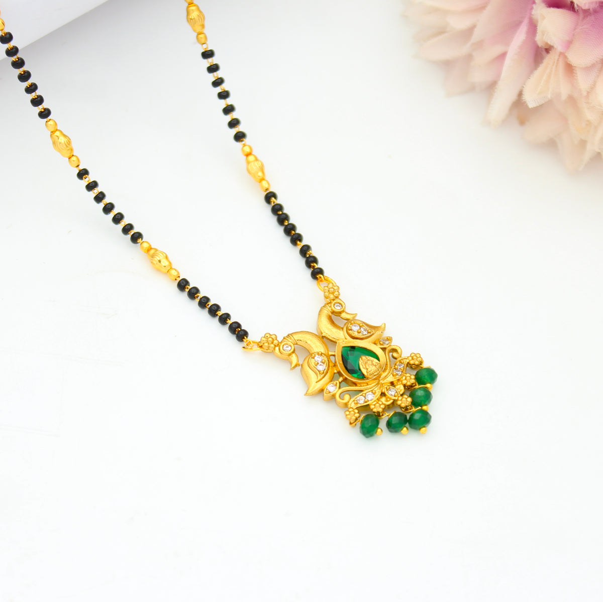 Elegant Double Peacock Green Stone Fancy Black Beads with Green Onex Beads 42964
