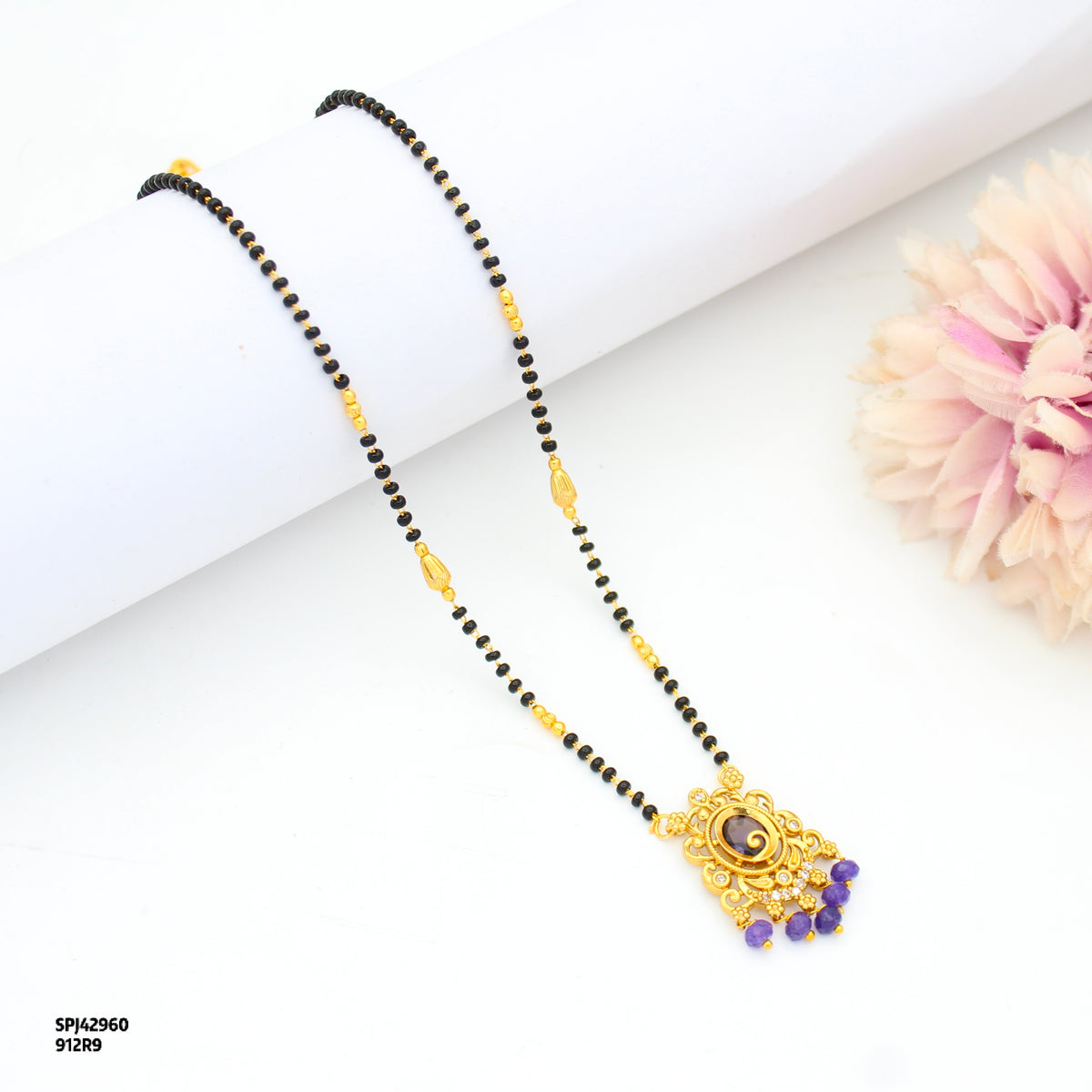 Fancy Purple Oval Stone Black Beads With Purple Onex Beads 42960
