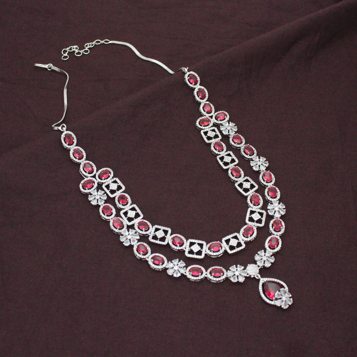 Premium Party Wear Platinum Short 2 Layers Red Necklace Set With Push Back Earrings 42983