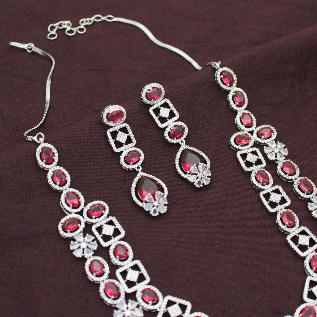 Premium Party Wear Platinum Short 2 Layers Red Necklace Set With Push Back Earrings 42983