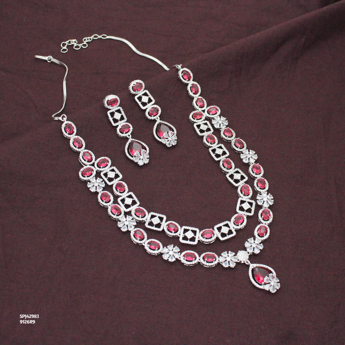 Premium Party Wear Platinum Short 2 Layers Red Necklace Set With Push Back Earrings 42983