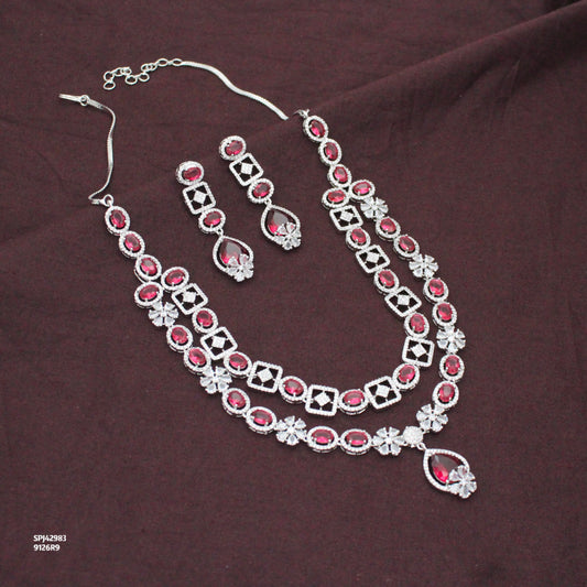Premium Party Wear Platinum Short 2 Layers Red Necklace Set With Push Back Earrings 42983