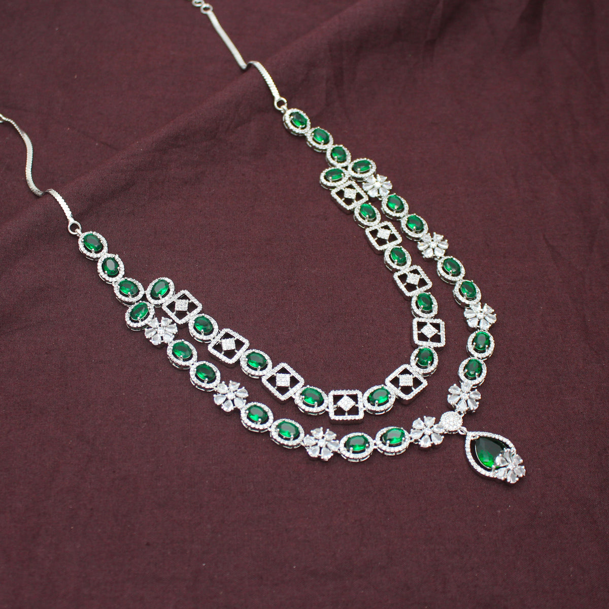 Premium Party Wear Platinum 2 Layers Emerald Green Short Necklace Set With Push Back Earrings 42984