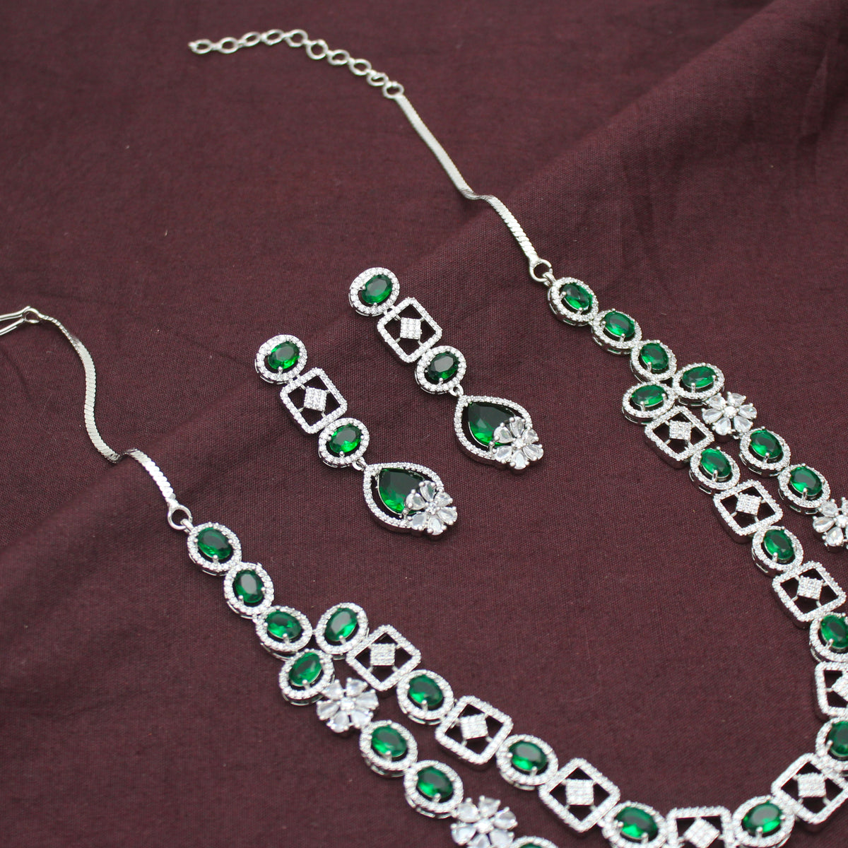 Premium Party Wear Platinum 2 Layers Emerald Green Short Necklace Set With Push Back Earrings 42984