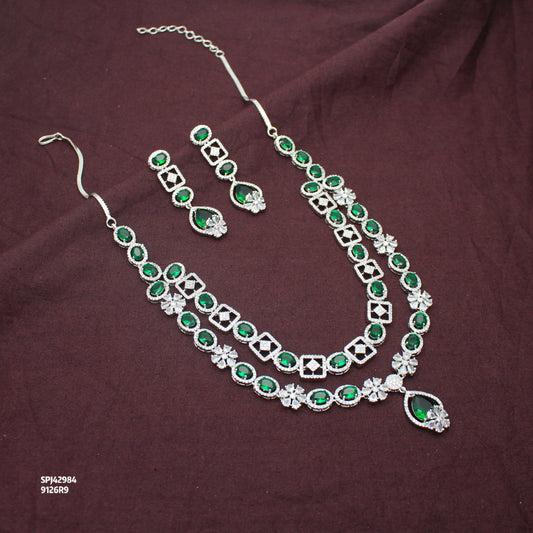 Premium Party Wear Platinum 2 Layers Emerald Green Short Necklace Set With Push Back Earrings 42984