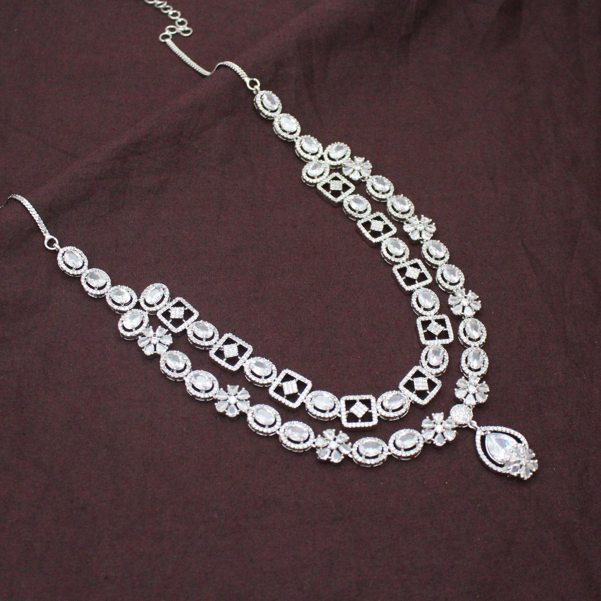 Premium Party Wear Platinum 2 Layers Full White Short Necklace Set With Push Back Earrings 42985