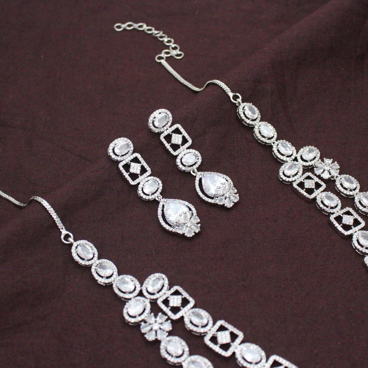 Premium Party Wear Platinum 2 Layers Full White Short Necklace Set With Push Back Earrings 42985