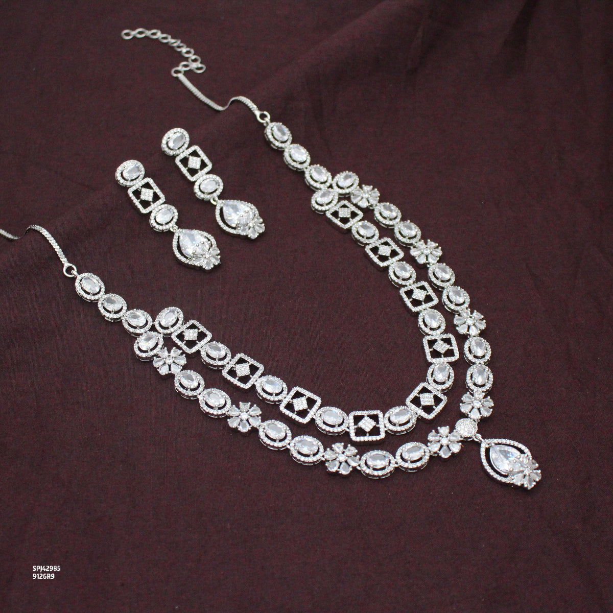 Premium Party Wear Platinum 2 Layers Full White Short Necklace Set With Push Back Earrings 42985