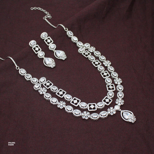 Premium Party Wear Platinum 2 Layers Full White Short Necklace Set With Push Back Earrings 42985