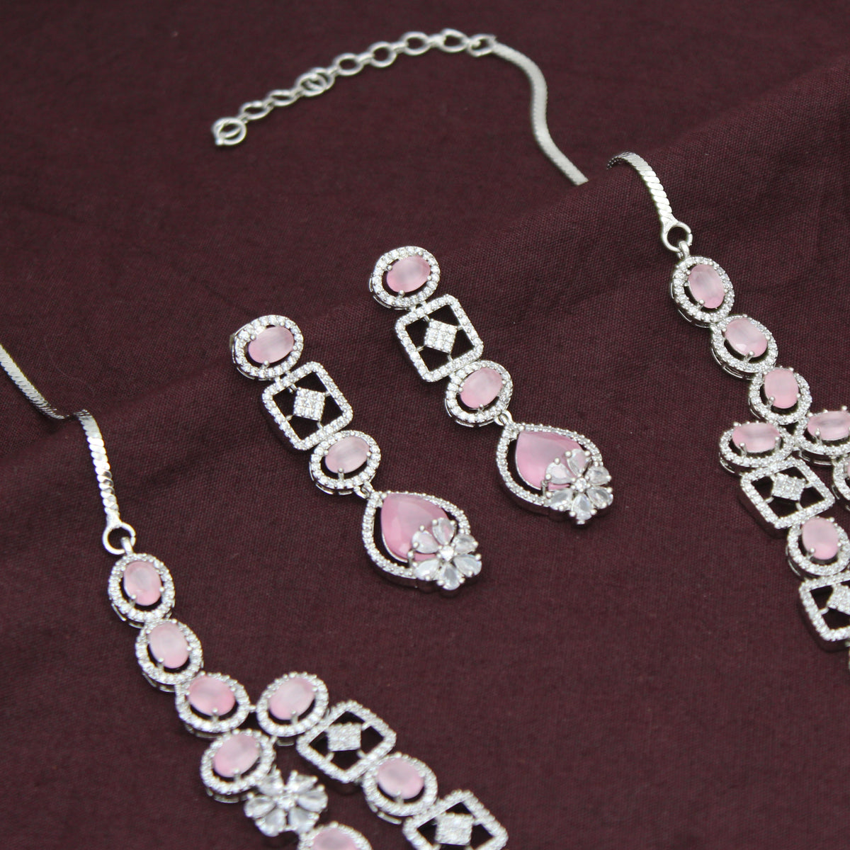 Premium Party Wear Platinum 2 Layers Mint Pink Short Necklace Set With Push Back Earrings 42986