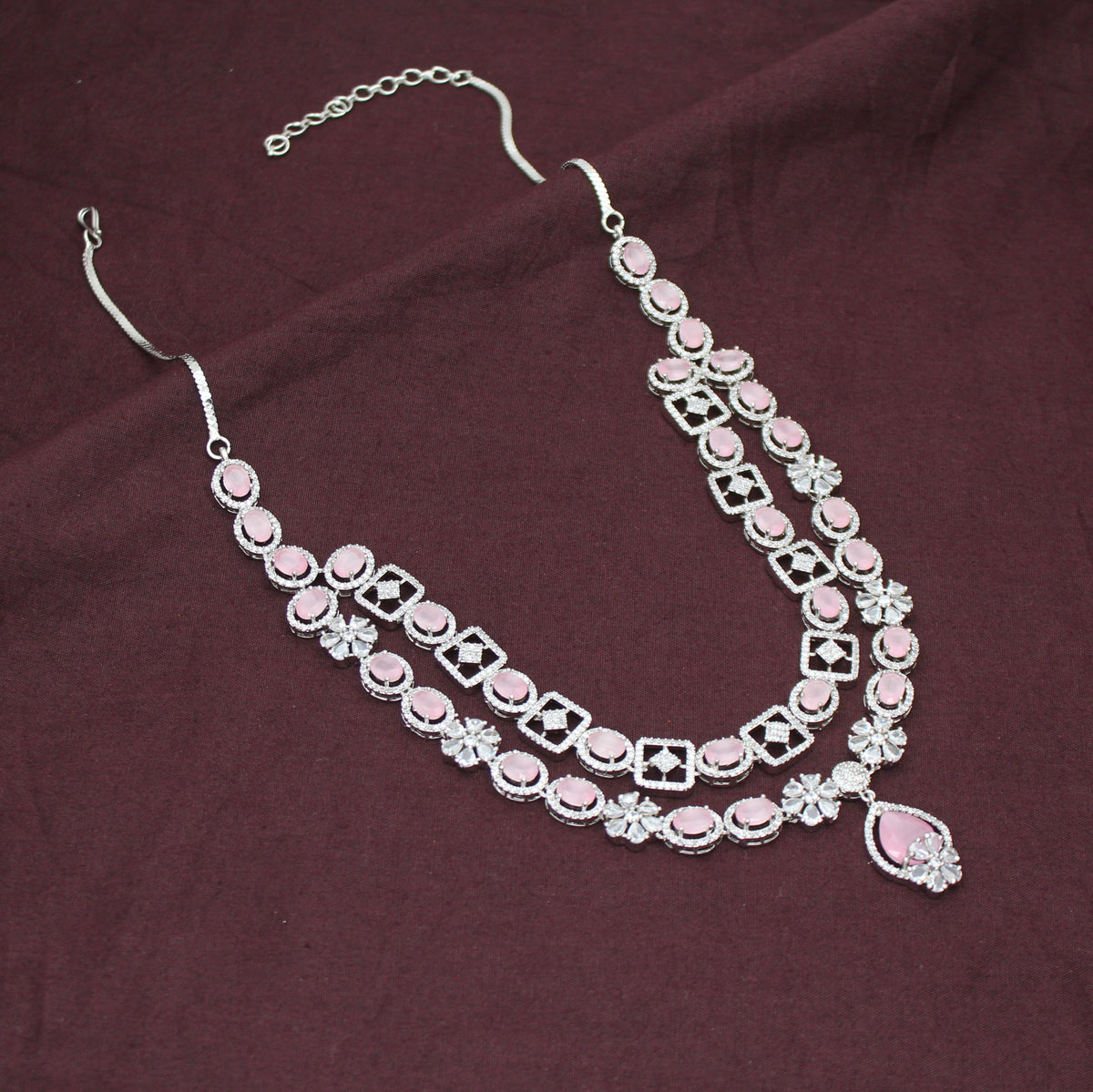 Premium Party Wear Platinum 2 Layers Mint Pink Short Necklace Set With Push Back Earrings 42986