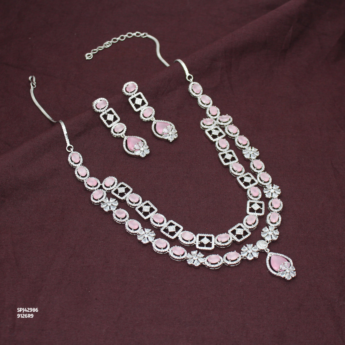 Premium Party Wear Platinum 2 Layers Mint Pink Short Necklace Set With Push Back Earrings 42986