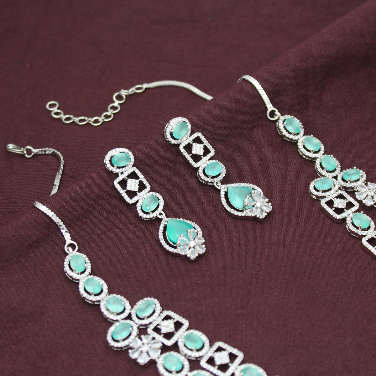 Premium Party Wear Platinum 2 Layers Mint Green Short Necklace Set With Push Back Earrings 42987