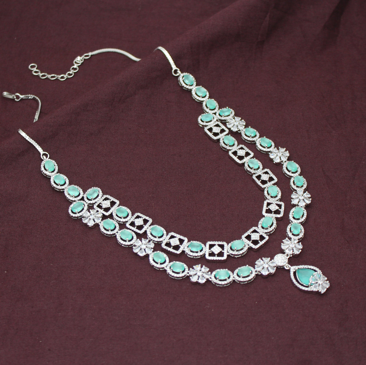 Premium Party Wear Platinum 2 Layers Mint Green Short Necklace Set With Push Back Earrings 42987