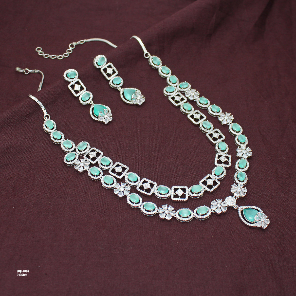 Premium Party Wear Platinum 2 Layers Mint Green Short Necklace Set With Push Back Earrings 42987