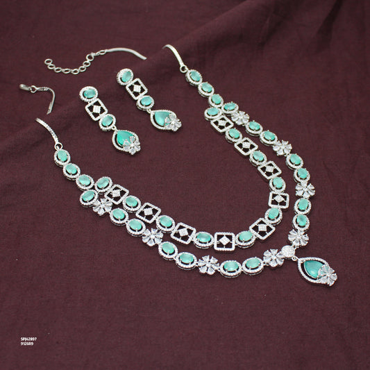 Premium Party Wear Platinum 2 Layers Mint Green Short Necklace Set With Push Back Earrings 42987