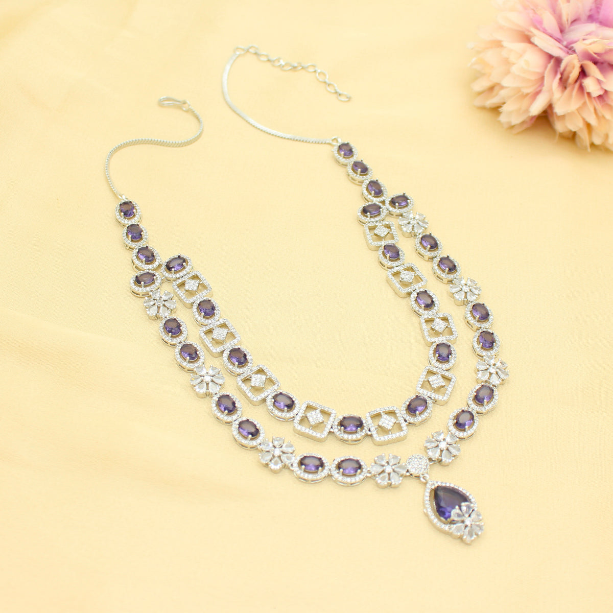Premium Party Wear Platinum 2 Layers Purple Short Necklace Set With Push Back Earrings 42988