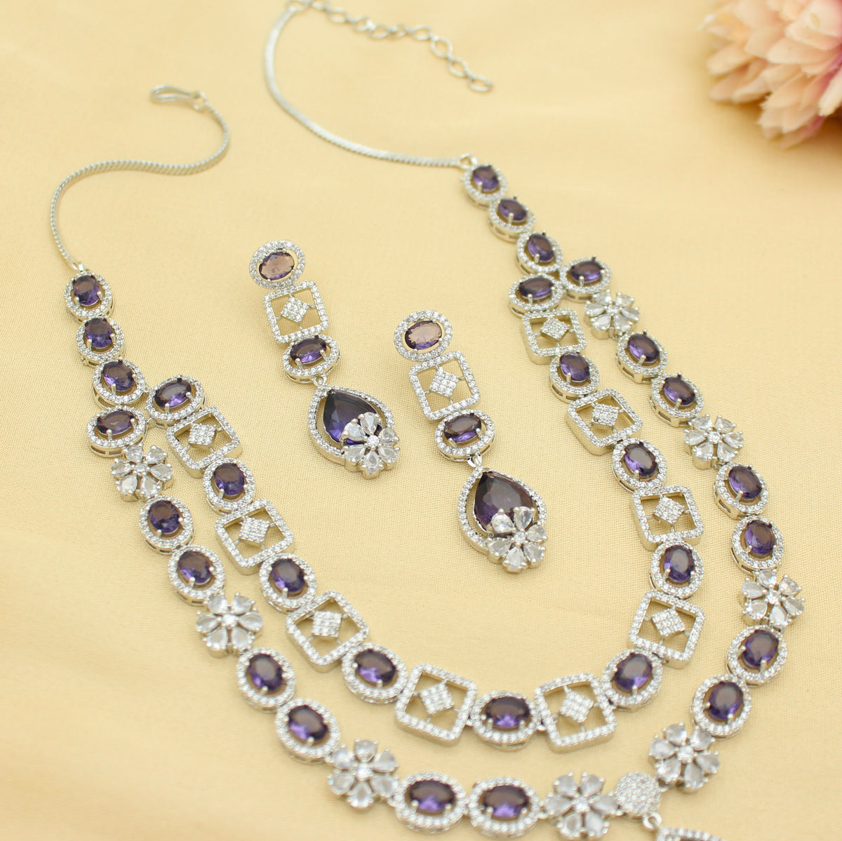 Premium Party Wear Platinum 2 Layers Purple Short Necklace Set With Push Back Earrings 42988