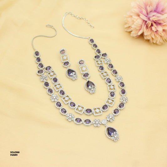 Premium Party Wear Platinum 2 Layers Purple Short Necklace Set With Push Back Earrings 42988