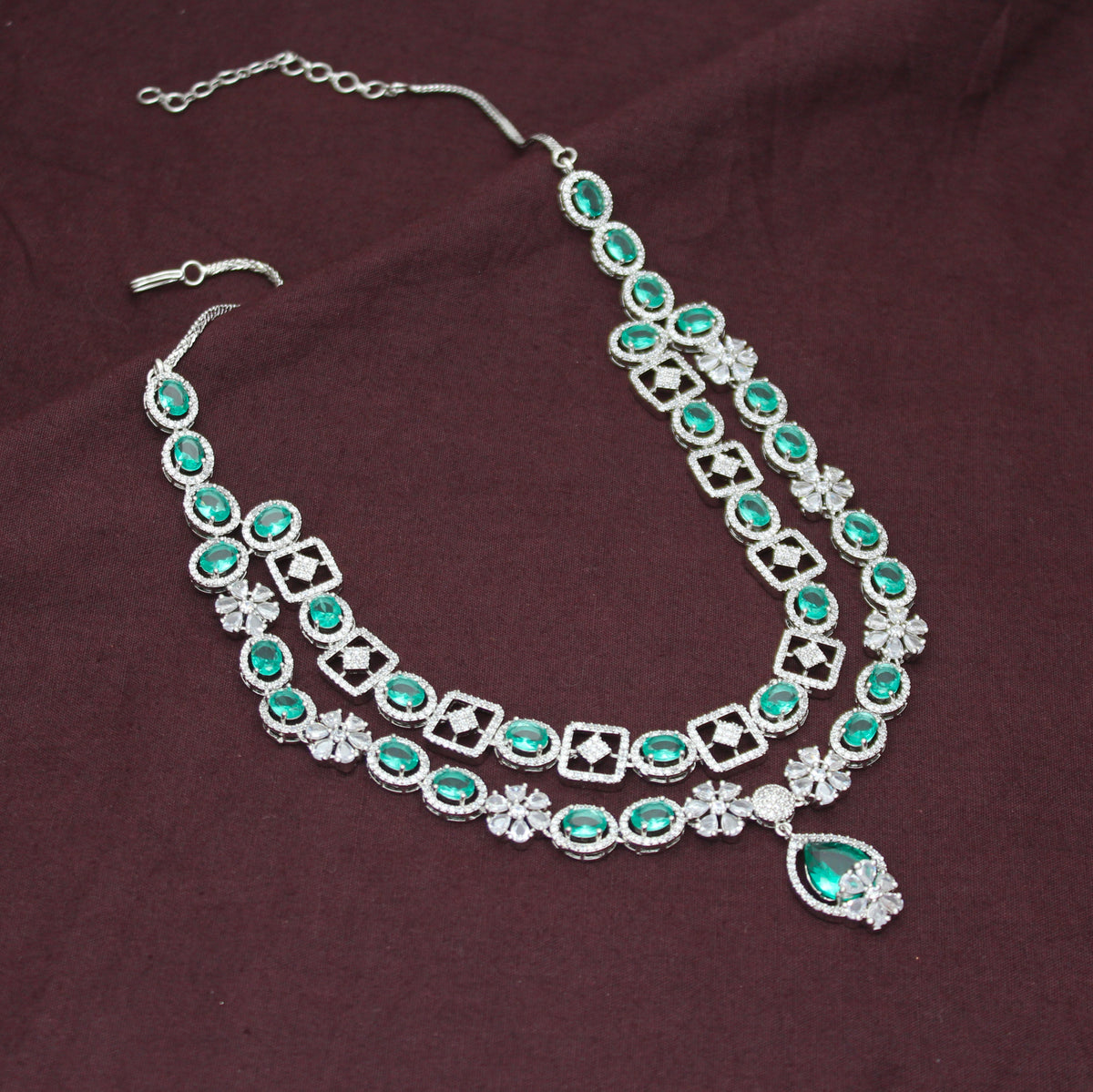 Premium Party Wear Platinum 2 Layers Rama Green Short Necklace Set With Push Back Earrings 42989