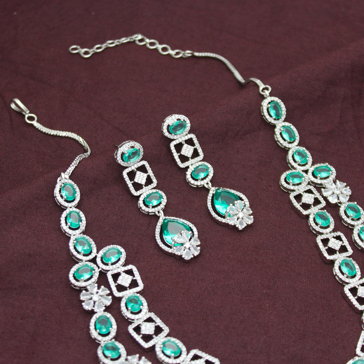 Premium Party Wear Platinum 2 Layers Rama Green Short Necklace Set With Push Back Earrings 42989