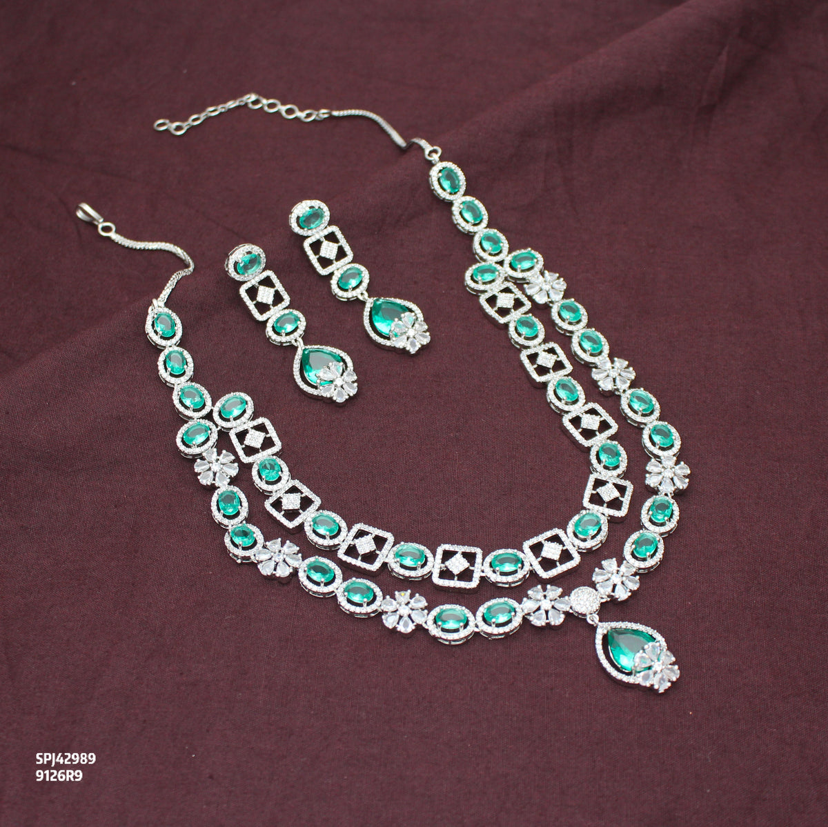 Premium Party Wear Platinum 2 Layers Rama Green Short Necklace Set With Push Back Earrings 42989