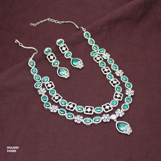 Premium Party Wear Platinum 2 Layers Rama Green Short Necklace Set With Push Back Earrings 42989