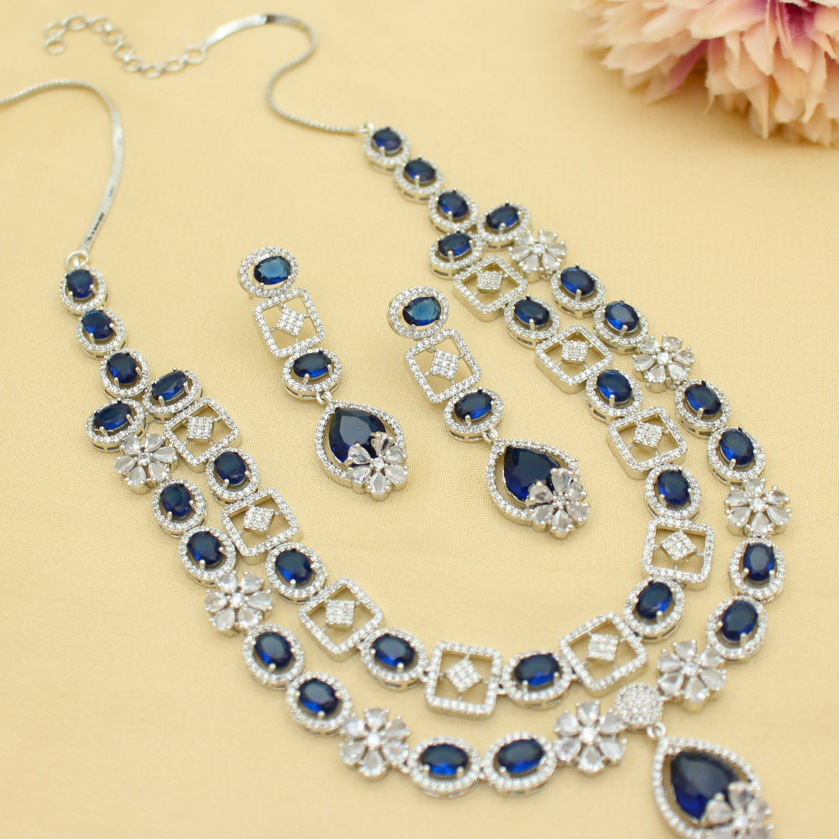 Premium Party Wear Platinum 2 Layers Blue Short Necklace Set With Push Back Earrings 42990