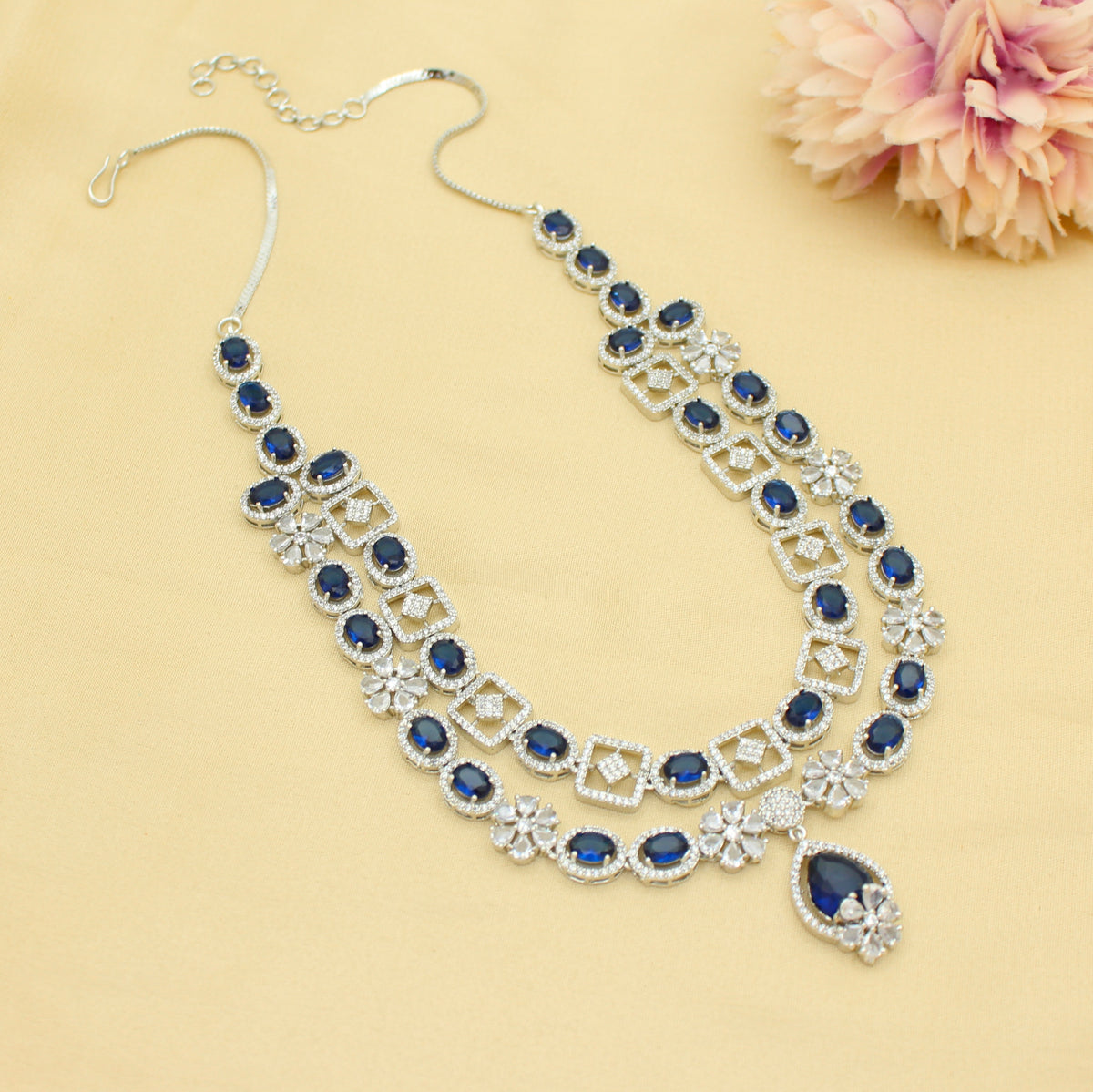 Premium Party Wear Platinum 2 Layers Blue Short Necklace Set With Push Back Earrings 42990