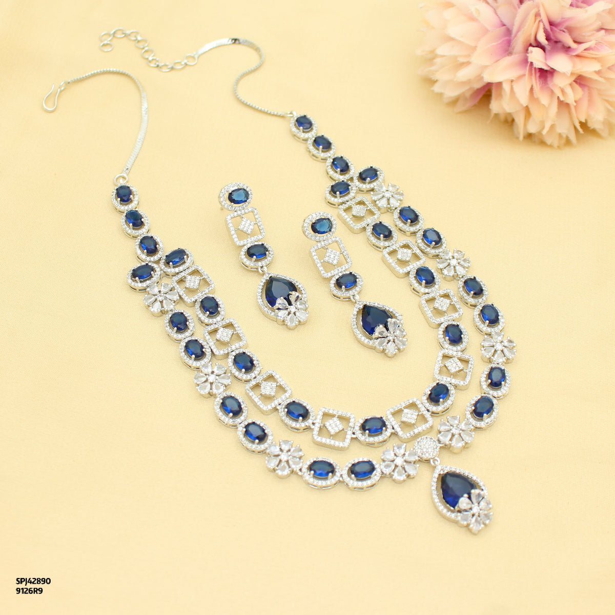 Premium Party Wear Platinum 2 Layers Blue Short Necklace Set With Push Back Earrings 42990