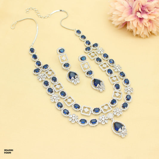 Premium Party Wear Platinum 2 Layers Blue Short Necklace Set With Push Back Earrings 42990