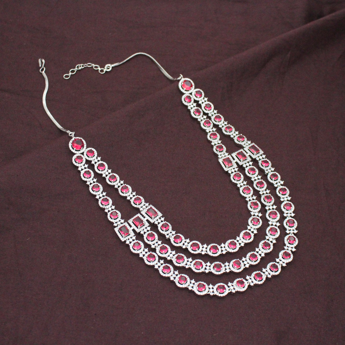 Premium Square Stone 3 Layers Red Party Wear Short Necklace Set With Push Back Earrings 42991