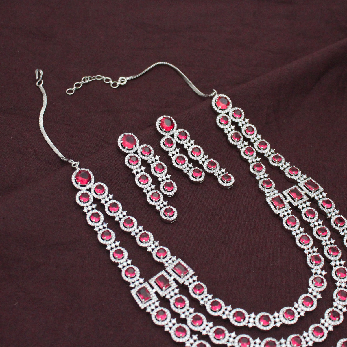 Premium Square Stone 3 Layers Red Party Wear Short Necklace Set With Push Back Earrings 42991