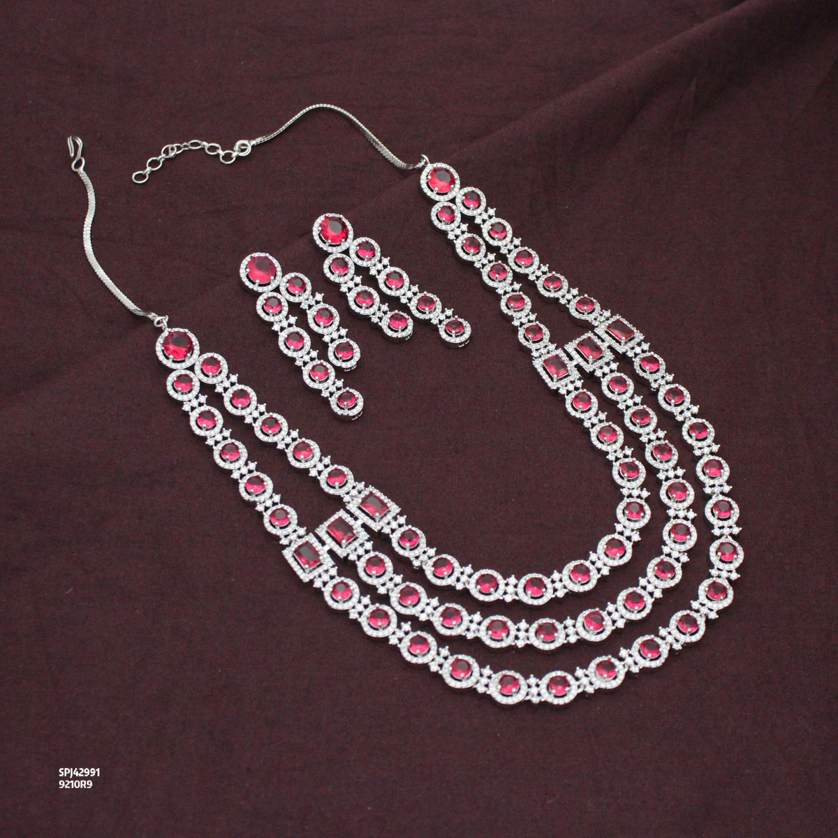 Premium Square Stone 3 Layers Red Party Wear Short Necklace Set With Push Back Earrings 42991