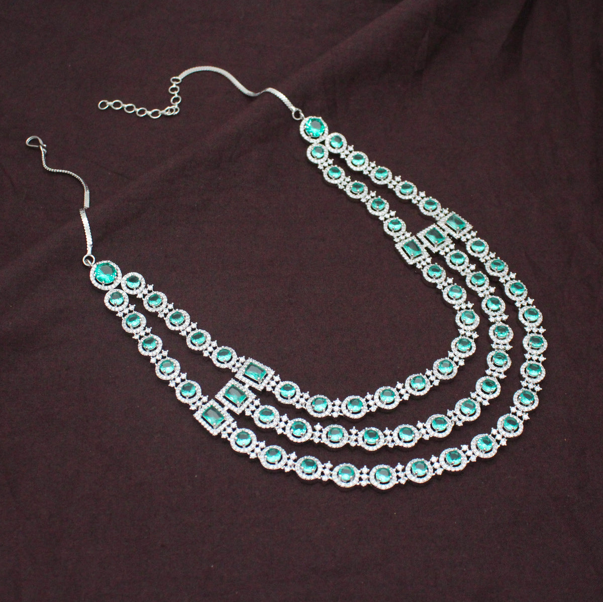 Premium 3 Layers Square Stone Rama Green Short Platinum Necklace Set With Push Back Earrings 42998