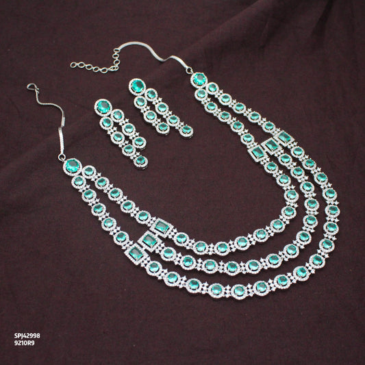 Premium 3 Layers Square Stone Rama Green Short Platinum Necklace Set With Push Back Earrings 42998